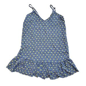 Bronzini Women Azul Blue Yellow Floral Tile Print Ruffle Hem Slip Mini Dress S